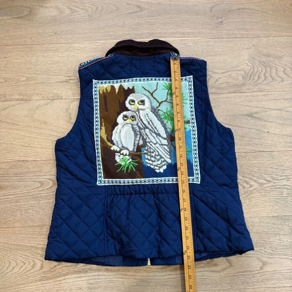 Lesal Upcycled Quilted Vest Navy Blue Vintage‎ Needlepoint Owl Bee Beaded M L